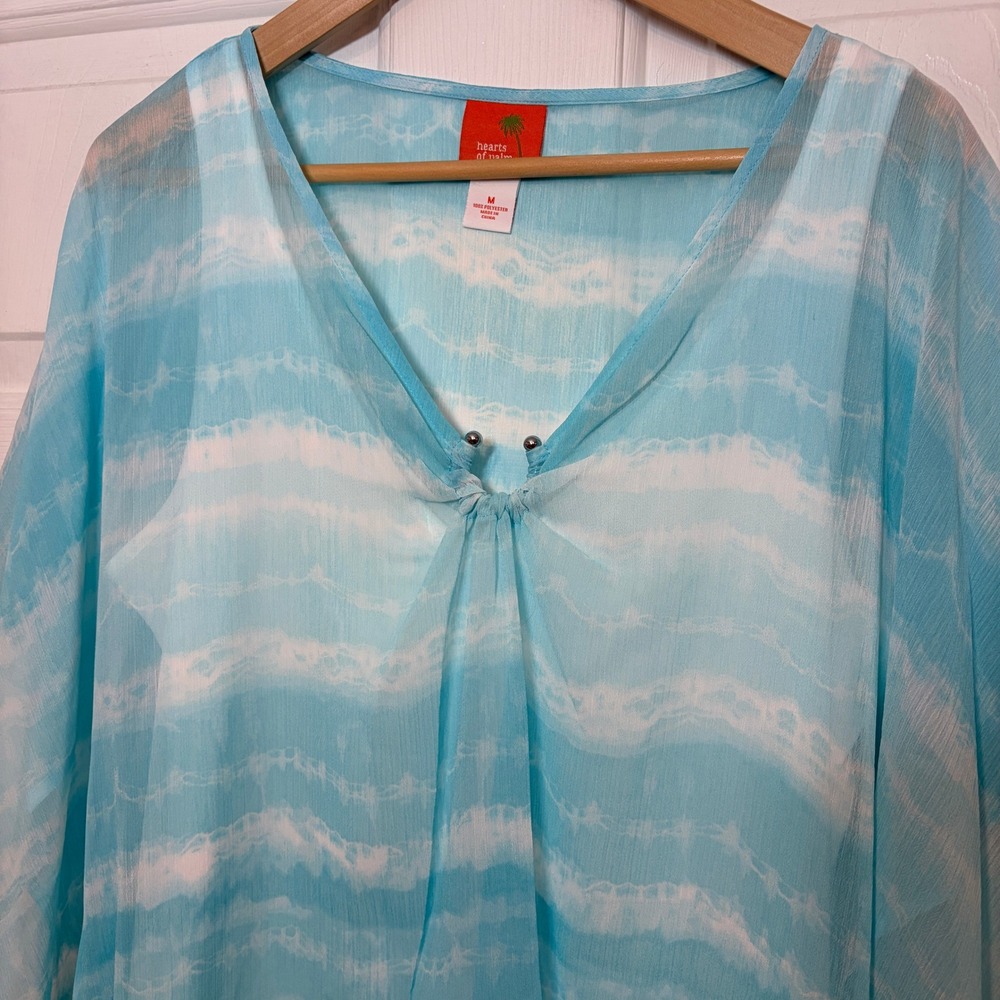 Hearts of Palm Women M Blue White Tie Dye Poncho Blouse Sheer V-Neck Top Beach